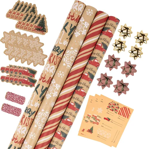 Vista 12 de RUSPEPA Papel de regalo de Navidad, papel kraft – reno, rayas y copos de nieve en diseño azul – 4 rollos – 30 pulgadas x 10 pies por rollo