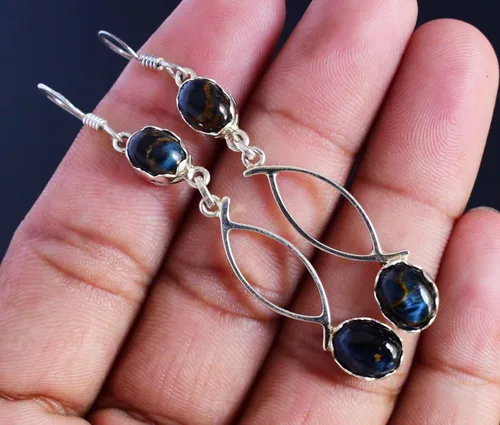 Vista 3 de Hermosa piedra de Pietersite 925 plata esterlina sólida cuelga los pendientes, joyería del diseñador, regalo del aniversario FSJ-5061