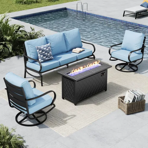 Vista 22 de MFSTUDIO Juego de 4 piezas de conversación para patio, marco de metal para todo tipo de clima, muebles de exterior con 1 mesa rectangular de propano