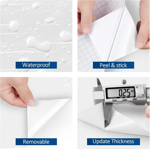 Vista 5 de FunStick Papel tapiz de rayas gruesas para despegar y pegar, papel tapiz blanco texturizado, papel de contacto blanco extraíble para gabinetes, tela