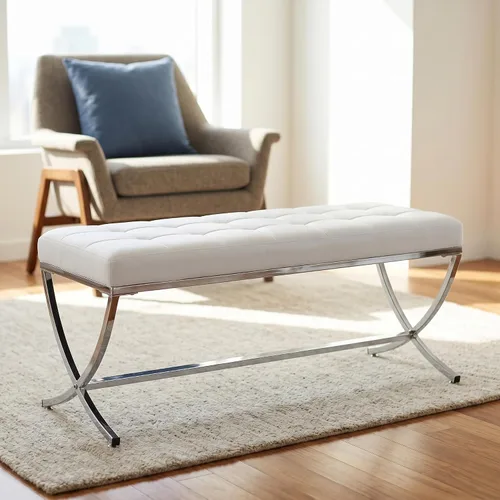Vista 11 de DUOMAY Moderno banco otomano copetudo, banco de comedor tapizado de piel sintética, reposapiés con botones y patas de metal, 45.75 pulgadas de ancho