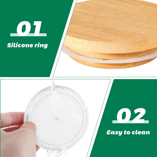 Vista 4 de Mumufy - 27 tapas para tarros de yogur Oui de silicona, madera de bambú, tapas de plástico transparente con anillos de sellado de silicona, fundas