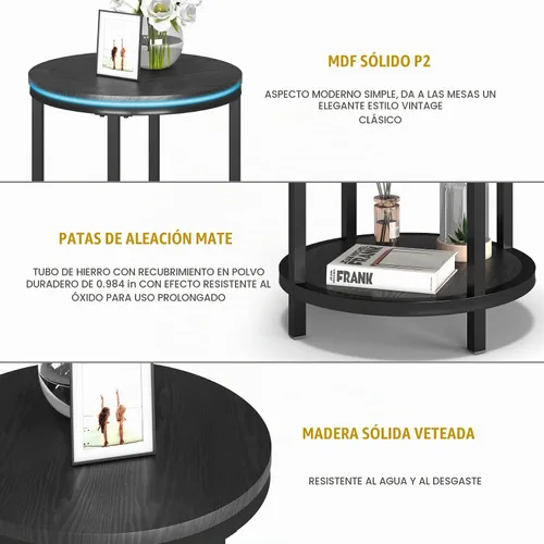Vista 5 de NSdirect Mesa auxiliar redonda, mesa auxiliar de madera rústica de 16 pulgadas y patas de metal resistentes para sala de estar, dormitorio, mesa