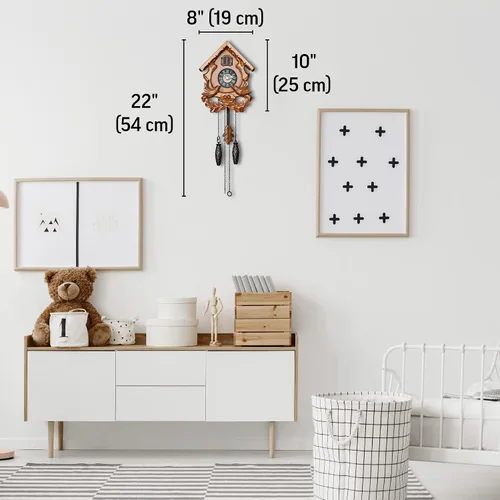 Vista 10 de TIMEGEAR Reloj de cuco con modo nocturno, pájaro cantante y decoraciones de madera tallada (cereza)