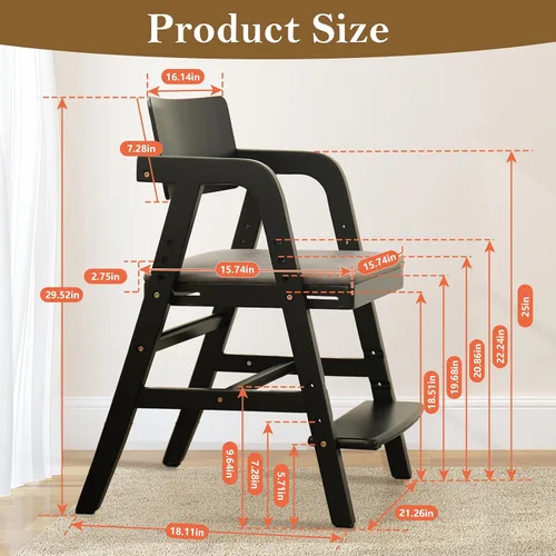 Vista 3 de Silla de comedor de madera para niños pequeños con asiento Negro