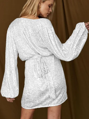 Vista 4 de Ababalaya Mini vestido cruzado de lentejuelas brillantes para mujer, cuello en V, manga larga abombada, con purpurina, ropa de club, trajes