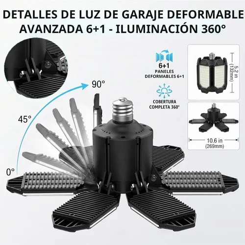 Vista 3 de Bombilla LED para garaje AYSEMO de 15000 lm - Luces LED de techo ajustables en 360° con 6+1 paneles deformables, 6500 K de luz diurna, base