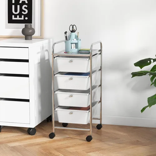 Vista 2 de COSTWAY Carrito de almacenamiento rodante con 4 cajones, carrito de almacenamiento de plástico y organizador con 4 cajones extraíbles, carrito