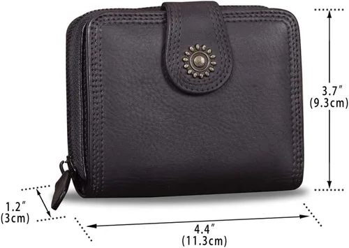 Vista 4 de Billeteras de cuero plegables para mujer, estilo vintage, hechas a mano, pequeño, con cremallera, Negro -, Billetera plegable