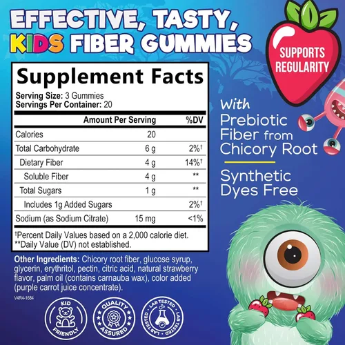Vista 2 de Gomitas de fibra para niños – Fibra dietética 0.14 oz por porción – Suplemento diario de gomitas de fibra para niños – Gomitas prebióticas
