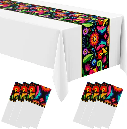 Vista 11 de Oudain 3 piezas de mantel de fiesta de 108 x 54 pulgadas, mantel de plástico mexicano impermeable, mantel desechable para noche de tacos, fiesta