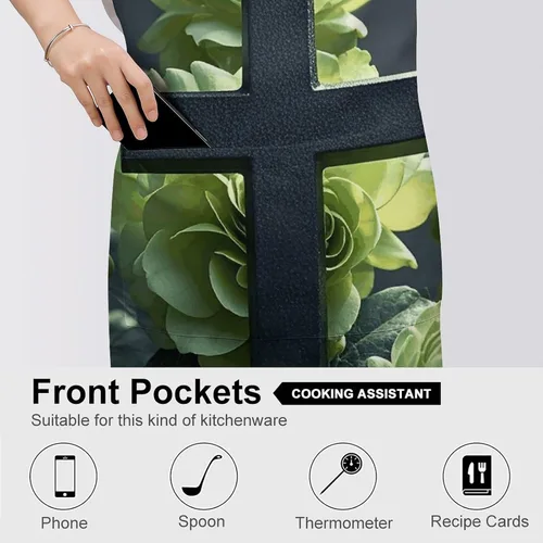 Vista 5 de MUSM Apron for Adults - 27.6 X 31.5 Inch, Heavy-Duty Polyester Aprons with Two Large Pockets, Waterproof Black Cross Among Green Flowers Kitchen