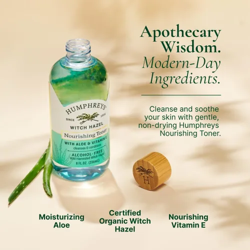 Vista 3 de Humphreys Nourish Witch Hazel + tóner sin alcohol de aloe, transparente, 8 onzas (paquete de 1) Hamamelis cosechado silvestre con aloe y vitamina