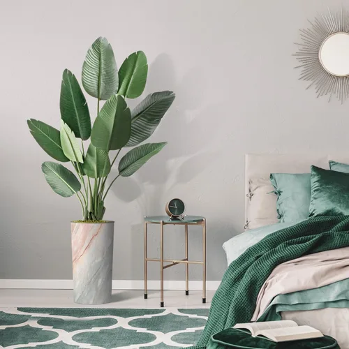 Vista 5 de Árbol artificial en macetero con efecto de granito moderno, ave del paraíso artificial de seda para decoración del hogar en interiores y exteriores