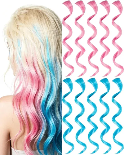Vista 18 de 10 extensiones de cabello sintético rizado y ondulado negro con clip, reflejos de fiesta de neón arcoíris, accesorios de cabello coloridos