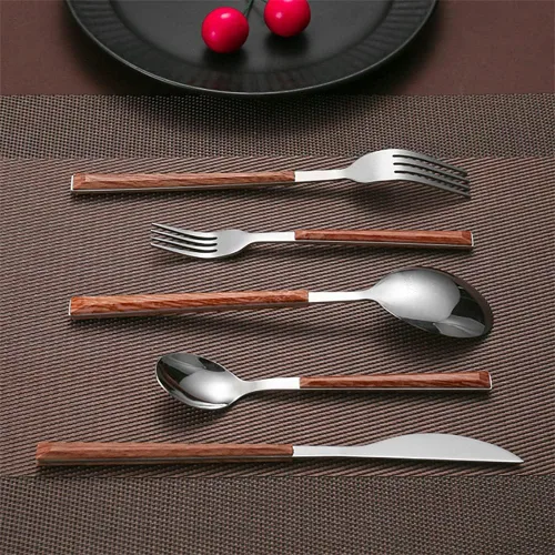 Vista 7 de Juego de cubiertos de madera de 30 piezas para 6 cubiertos de acero inoxidable duraderos, juego de cubiertos de madera modernos para el hogar