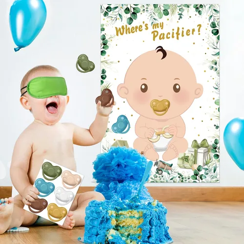 Vista 8 de Hxezoc Juegos de baby shower Pin The Chupete en el juego del bebé con 36 calcomanías para chupete, juegos de póster de bebé verde grande para fiesta