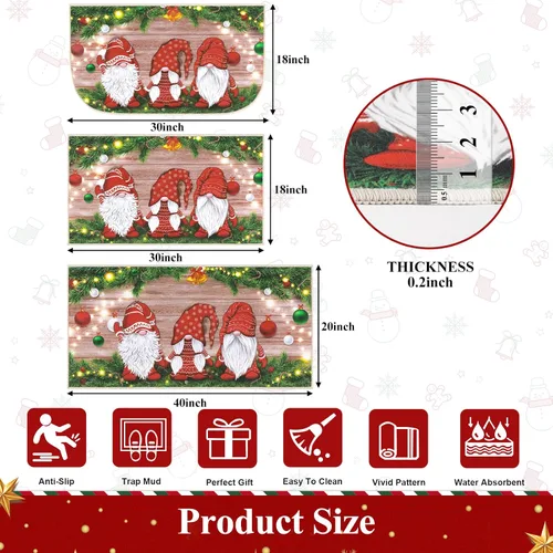Vista 2 de Juego de 3 tapetes de cocina de Feliz Navidad, alfombras antideslizantes de cocina para invierno y fiestas navideñas Xmas, alfombra cómoda
