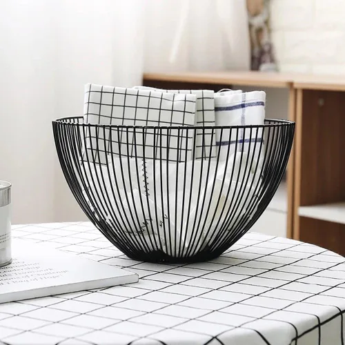 Vista 4 de Cesta de Frutas de Alambre de Metal, Cuenco Negro para Frutas y Verduras para Encimera de Cocina, Cesta Redonda de Almacenamiento de Productos