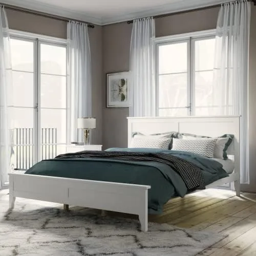 Vista 10 de anwickjeff Base de cama de tamaño matrimonial con cabecero y estribo, cama de plataforma de madera maciza blanca de estilo conciso moderno