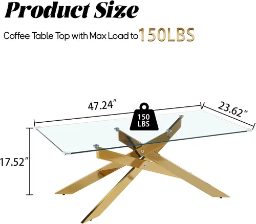 Vista 2 de Mesa de centro de cristal de 47 pulgadas, moderna tapa rectangular de vidrio templado con patas de metal con cruz dorada, mesa central de espacio