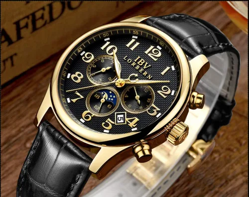 Vista 2 de Swiss Brands - Reloj automático de acero inoxidable con correa de piel auténtica marrón para hombre
