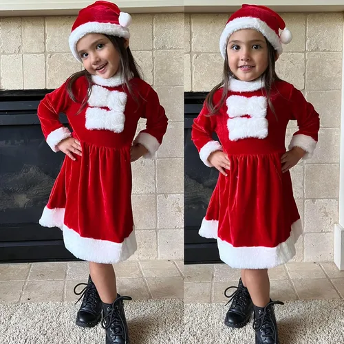 Vista 2 de Toddler Girl Christmas Dress for First Christmas Baby Girl Outfit Little Girls Santa Red Dresses with Hat 0-6 Years