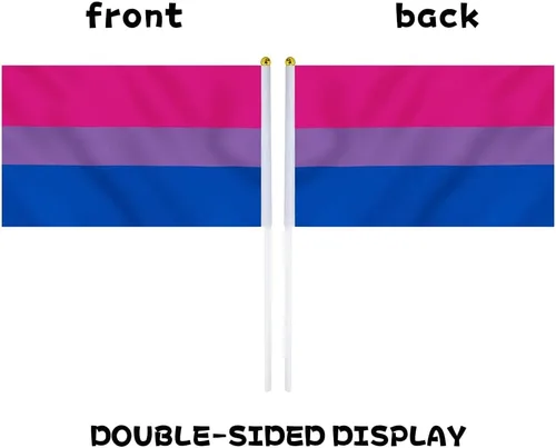 Vista 3 de Bandera bisexual con bandera bi, pequeña mini banderas de mano con orgullo bisexual en palos para desfiles, fiestas, festivales y decoraciones