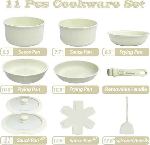 Vista 2 de Juego de 11 piezas de ollas y sartenes, juego de utensilios de cocina con asas extraíbles, apto para lavavajillas y horno, juego de cocina
