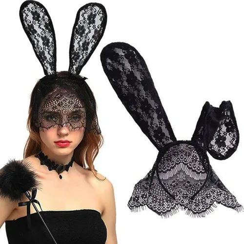 Vista 8 de EVILD Diadema negra con orejas de conejo de encaje, decoración de fiesta, banda para el cabello