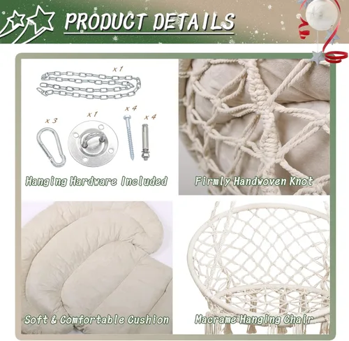 Vista 3 de Silla hamaca con cojín, silla columpio de macramé hecha a mano con kits de accesorios para colgar, estilo bohemio, silla colgante de cuerda de Beige