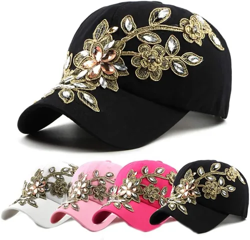 Vista 7 de Gudessly Bling - Gorra de béisbol para mujer, diseño de flores, con diamantes de imitación, ajustable, de mezclilla
