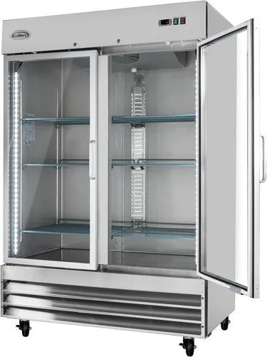 Vista 7 de KoolMore Congelador vertical comercial de acero inoxidable con puertas de vidrio de cierre automático, 6 estantes de almacenamiento, ruedas