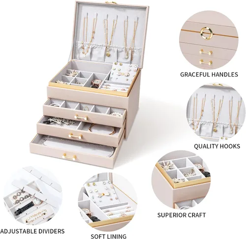 Vista 5 de V-LAFUYLIFE Jewelry Box Organizer for Women Girls, 4-Layer Large Jewelry boxes with 3 Drawers Jewelry Storage Case for Earrings Bracelets Necklaces
