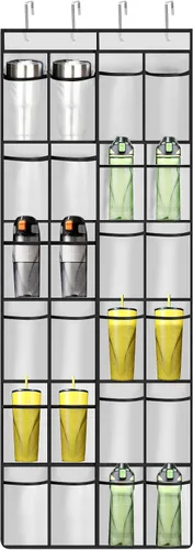 Vista 8 de Organizador de vasos, organizador de botellas de agua, 24 soportes sobre la puerta, estante de almacenamiento de botellas de agua, organizador
