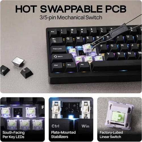 Vista 5 de EPOMAKER P65 QMKVIA - Teclado inalámbrico de aluminio para juegos, montaje en junta, Bluetooth2.4GhzUSB (A a C), intercambiable en caliente, N-Key