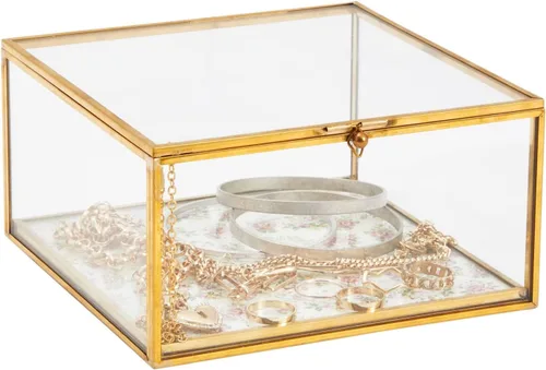 Vista 6 de Zodaca Joyero pequeño de cristal para recuerdos con marco de metal dorado, tapa de bisagra, diseño floral vintage (6 x 6 x 3 pulgadas)