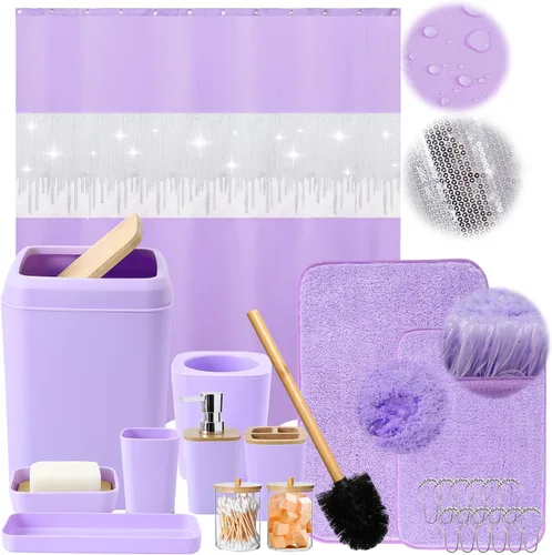 Vista 33 de Juego de accesorios de baño rosa con cortina de ducha y alfombras con purpurina, juegos de baño con alfombras de baño extrasuaves y absorbentes