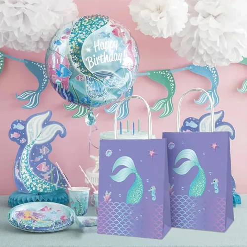 Vista 5 de YOMINY Bolsas de fiesta de sirena, 12 paquetes de bolsas de papel de regalo de sirena y bolsas de papel para fiesta temática de sirena, suministros