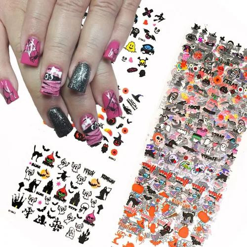 Vista 6 de 24 hojas de calcomanías de arte de uñas de Halloween autoadhesivas 3D, fantasma, calabaza, murciélago, gato, cráneo, diseños de uñas, calcomanías