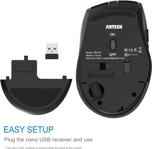 Vista 3 de Arteck Ratón inalámbrico, ratón óptico ergonómico inalámbrico USB de 2.4 G, con receptor Nano USB, botones de interruptor lateral silencioso