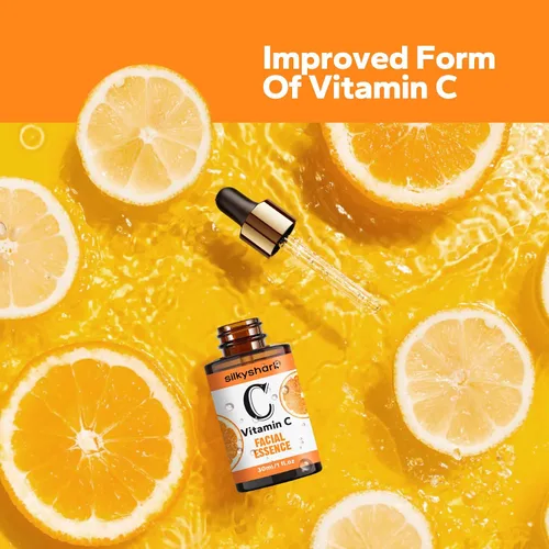 Vista 5 de SilkyShark Suero de vitamina C (1 onza líquida), esencia facial antienvejecimiento y suero para ojos con vitamina C, ácido hialurónico, sueros