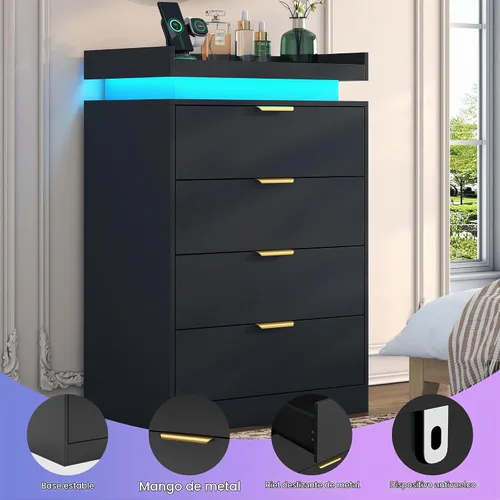 Vista 8 de UNIQUITE Cómoda negra con luces LED y toma de corriente, cómoda alta de madera con 4 cajones para dormitorio, cómoda moderna para dormitorio