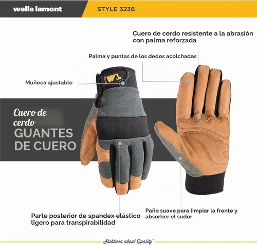 Vista 2 de Wells Lamont Guantes de trabajo híbridos de piel de cerdo para hombre
