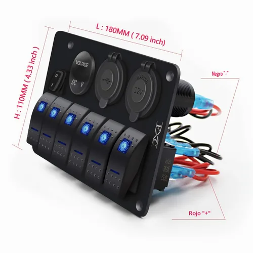 Vista 5 de FXC Panel de interruptor basculante de barco marino impermeable de 6 bandas con enchufe de ranura USB doble de 3.1 A + encendedor de cigarrillos +
