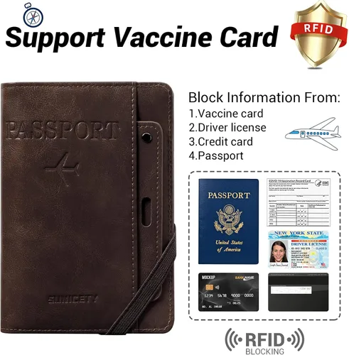 Vista 4 de YINHEXI Funda para pasaporte y funda para tarjeta de vacunación, funda para pasaporte con bloqueo RFID de cuero para mujeres y hombres, organizador