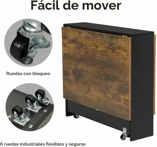 Vista 5 de Mesa de comedor plegable Tiptiper con 6 ruedas, mesa de cocina plegable con estante de almacenamiento de 2 capas, mesa de comedor que ahorra espacio