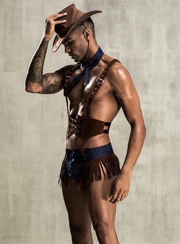 Vista 4 de Disfraz de vaquero para hombre, disfraz de cosplay de esmoquin sexy, conjunto de lencería para juegos de rol, uniforme de bar gay y club nocturno
