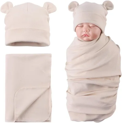 Vista 15 de PESAAT Conjunto de gorro de algodón para bebé, sombreros para recién nacidos, mantas de recepción para bebés niños y niñas Verde militar