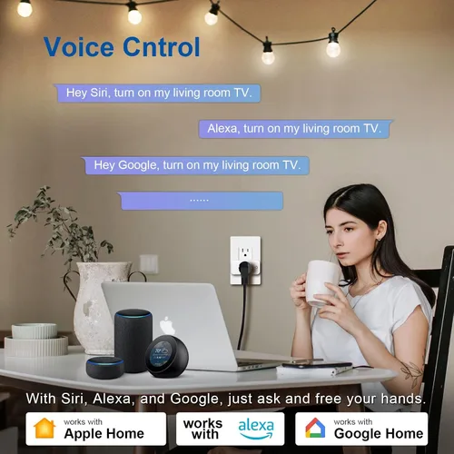 Vista 5 de Salida inteligente Matter 15A, Google Home, Alexa, SmartThings, solo 2.4G, paquete de 2 Aplicación y control de voz, sin puente, funciona
